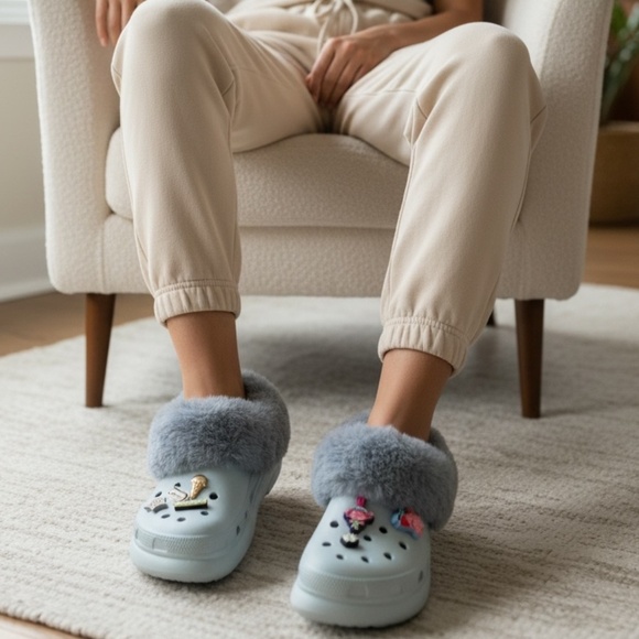 CROCS Shoes - Unisex Crocs Furever Crush clogs in a light blue with a faux-shearling M6/W7